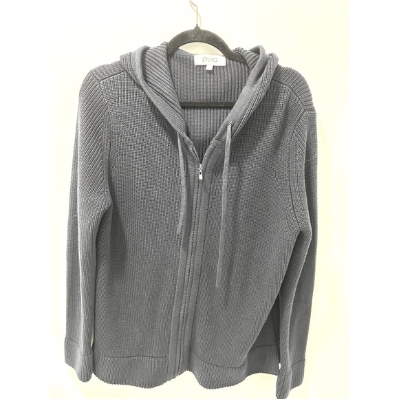 Pura Cashmere Sweaters - Pura Cashmere Womens Navy Blue Shaker Knit Full Zip Hoodie Sweater XL